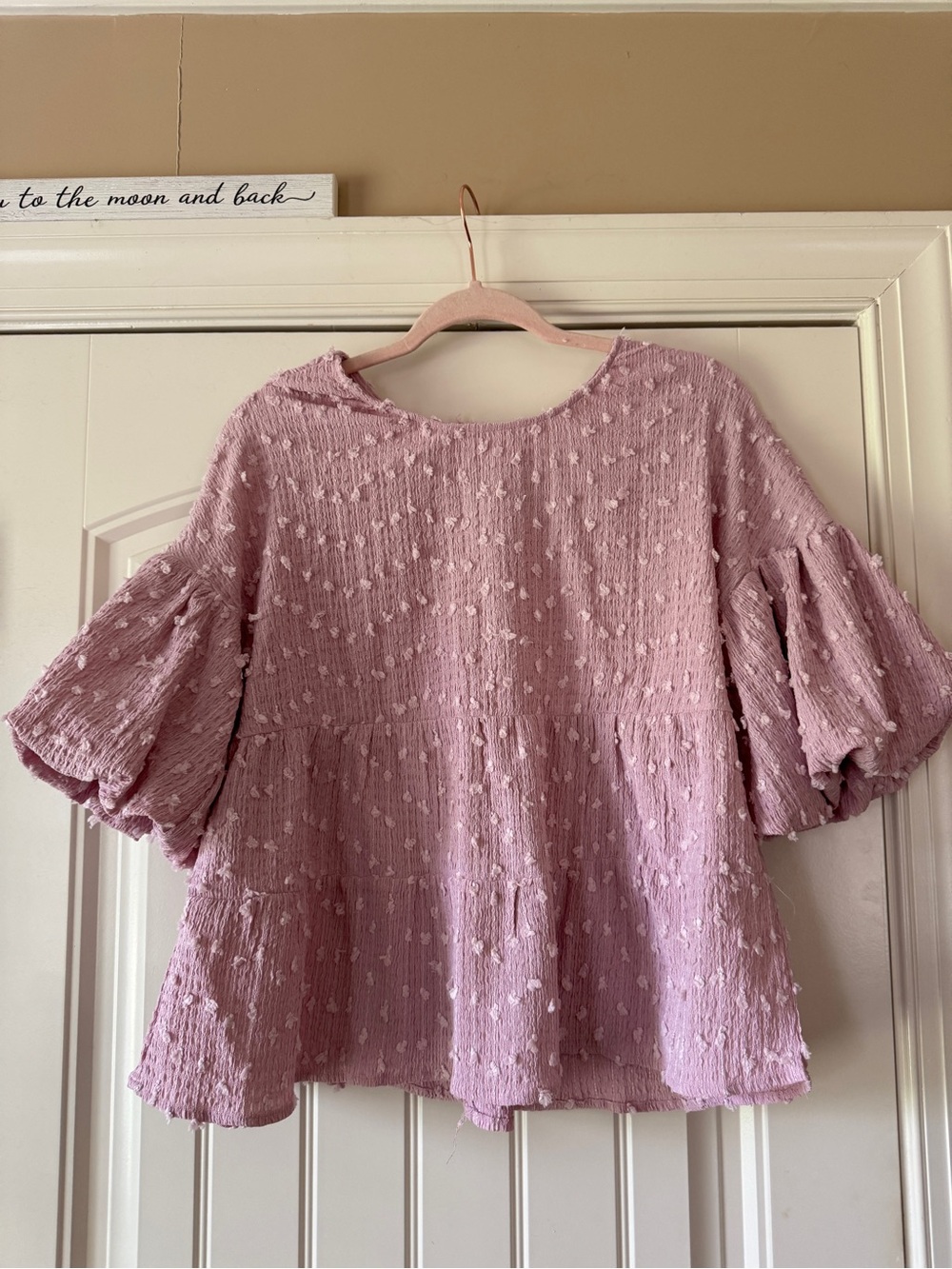 new in Light Pink Textured Bubble-Hem Blouse with Flutter Sleeves